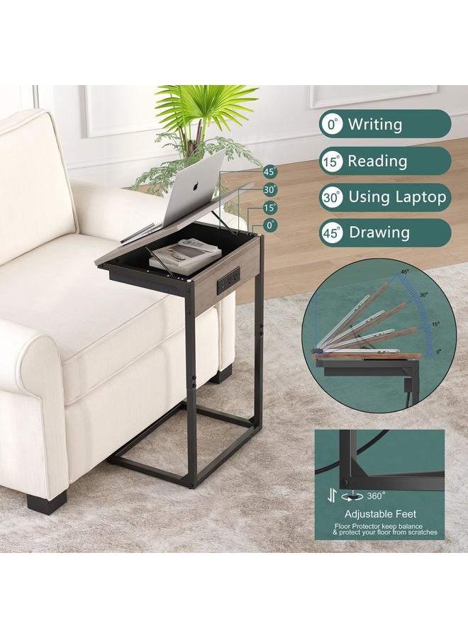 sthmec C Shaped End Table with Charging Station, 45° Tiltable Adjustable Flip Top Side Table with Storage,Small C Table for Small Spaces,Slide Under Couch Sofa Bedside Table for Living Room, Grey - Image 4