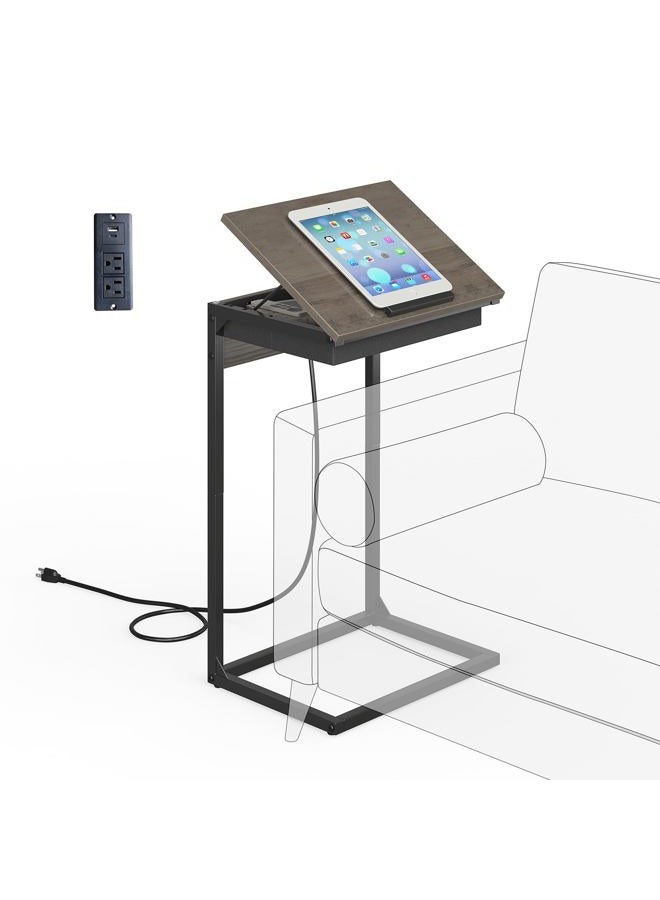 sthmec C Shaped End Table with Charging Station, 45° Tiltable Adjustable Flip Top Side Table with Storage,Small C Table for Small Spaces,Slide Under Couch Sofa Bedside Table for Living Room, Grey - Image 1