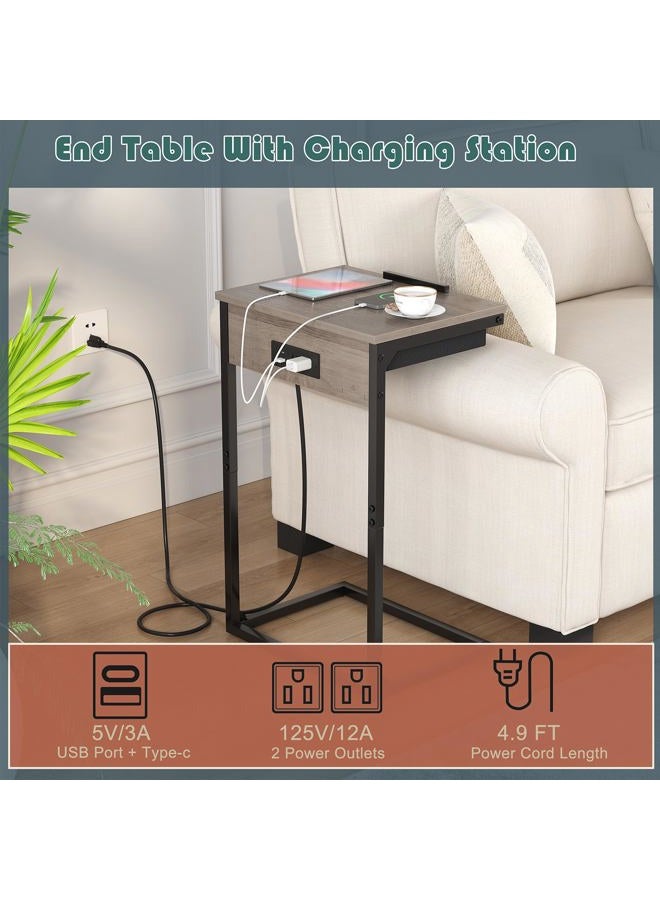 sthmec C Shaped End Table with Charging Station, 45° Tiltable Adjustable Flip Top Side Table with Storage,Small C Table for Small Spaces,Slide Under Couch Sofa Bedside Table for Living Room, Grey - Image 5