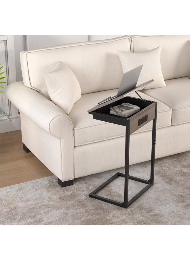 sthmec C Shaped End Table with Charging Station, 45° Tiltable Adjustable Flip Top Side Table with Storage,Small C Table for Small Spaces,Slide Under Couch Sofa Bedside Table for Living Room, Grey - Image 2