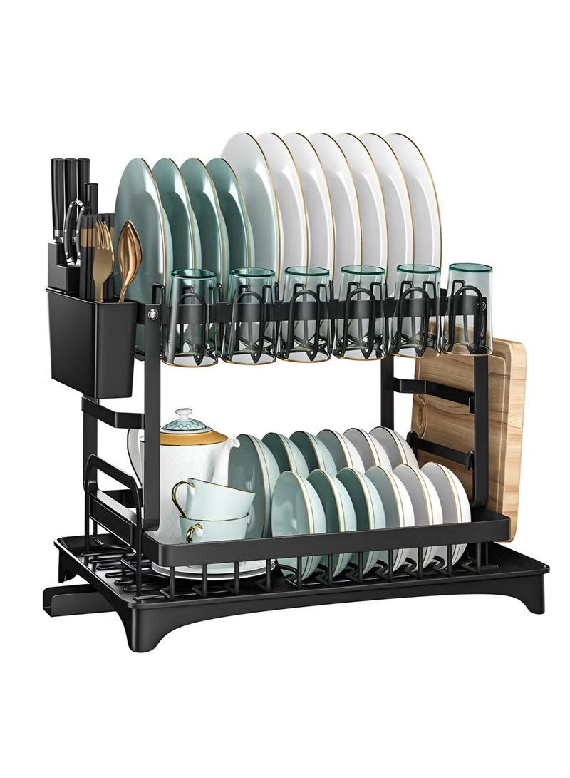 2 Tier Foldable Dish Drying Rack with Utensil Holder & Cutting Board Holder & Drainboard Tray T114667, Rotatable Drainage System Scratch Resistant Frosted Baking Process Coatings, Black