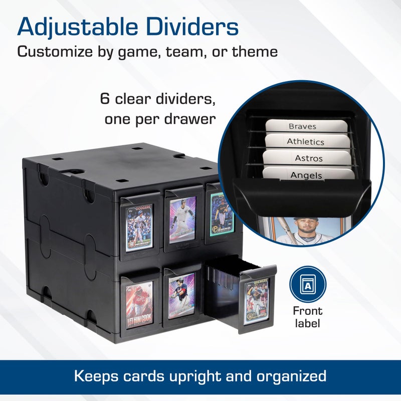 BCW 6 Drawer Card Catalog - Black | Stackable Trading Card Organizer Box | Holds Sports Cards, Gaming Cards, Toploaders & Magnetics | Heavy-Duty Black Plastic Storage with Dividers - Image 3