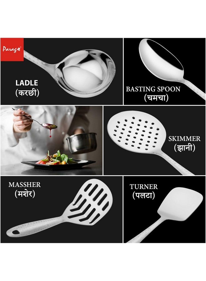 Parage Parage 5 Pieces Stainless Steel Hammered Kitchen Tool Set for Cooking, Cooking Spoons Set, 13 inches, Silver (Contains: 1 Ladle, 1 Skimmer,1 Turner, 1 Spatula, 1 Potato Masher), Silver  - Image 2