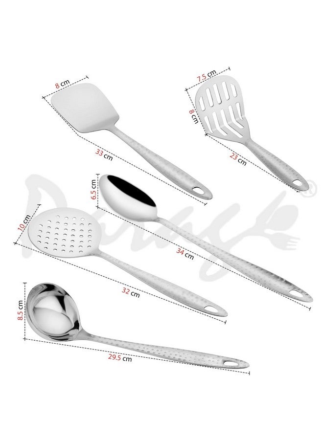 Parage Parage 5 Pieces Stainless Steel Hammered Kitchen Tool Set for Cooking, Cooking Spoons Set, 13 inches, Silver (Contains: 1 Ladle, 1 Skimmer,1 Turner, 1 Spatula, 1 Potato Masher), Silver  - Image 3