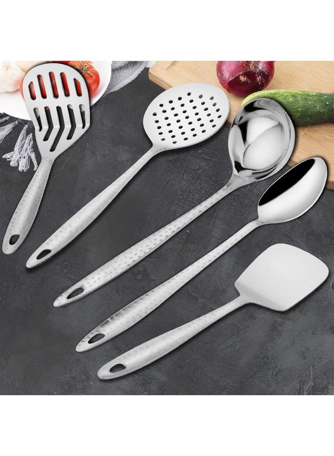 Parage Parage 5 Pieces Stainless Steel Hammered Kitchen Tool Set for Cooking, Cooking Spoons Set, 13 inches, Silver (Contains: 1 Ladle, 1 Skimmer,1 Turner, 1 Spatula, 1 Potato Masher), Silver  - Image 4