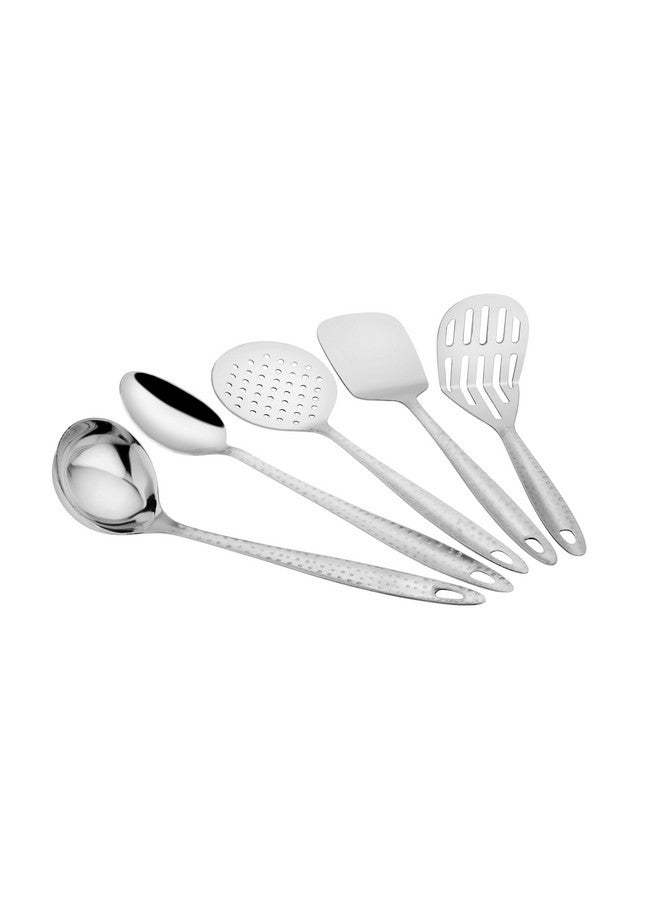 Parage Parage 5 Pieces Stainless Steel Hammered Kitchen Tool Set for Cooking, Cooking Spoons Set, 13 inches, Silver (Contains: 1 Ladle, 1 Skimmer,1 Turner, 1 Spatula, 1 Potato Masher), Silver  - Image 1