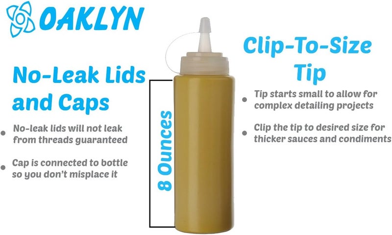 Oaklyn Squeeze Bottles 8oz 6 Pack - Reusable Condiment Bottles for Sauces Liquids BPA-Free Leak Proof Design, Easy to Clean Plastic Squeeze Bottles with Nozzle - Image 5