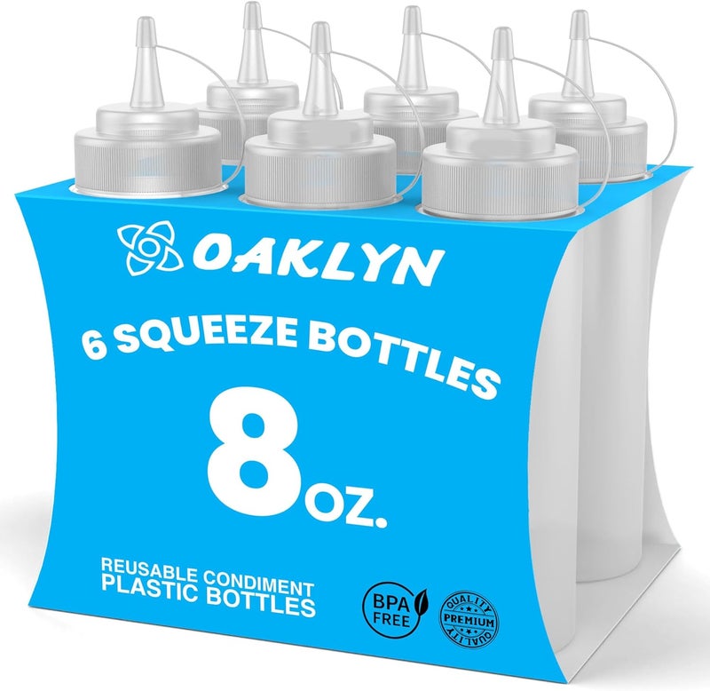 Oaklyn Squeeze Bottles 8oz 6 Pack - Reusable Condiment Bottles for Sauces Liquids BPA-Free Leak Proof Design, Easy to Clean Plastic Squeeze Bottles with Nozzle - Image 1