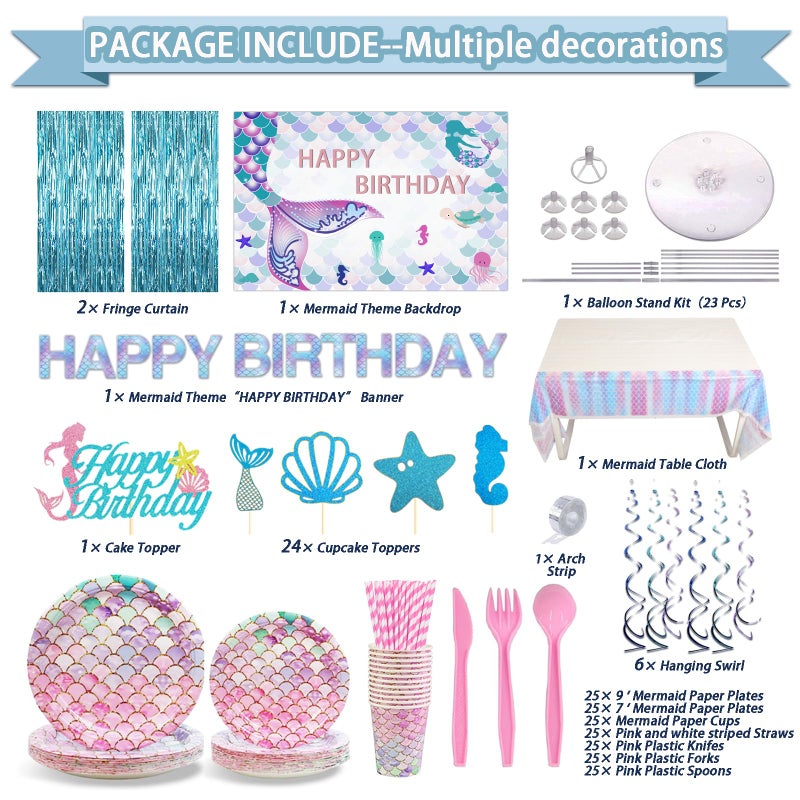 UJoyant 299 Pcs Mermaid Birthday Decorations Mermaid Party Decorations Kit  Disposable Dinnerware Set with 25 Guests Backdrop Balloon Banner Tablecloth Knives Forks Spoons CakeTopper - Image 3