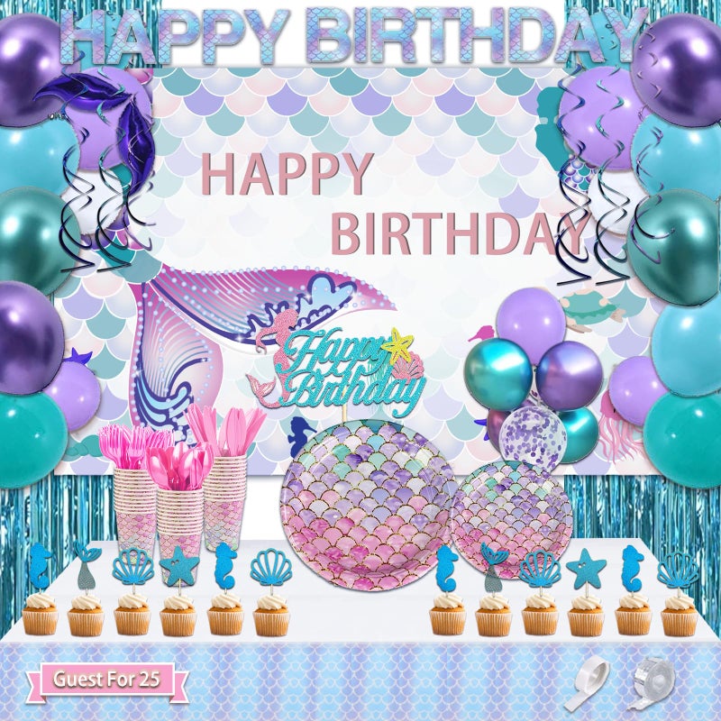 UJoyant 299 Pcs Mermaid Birthday Decorations Mermaid Party Decorations Kit  Disposable Dinnerware Set with 25 Guests Backdrop Balloon Banner Tablecloth Knives Forks Spoons CakeTopper - Image 2