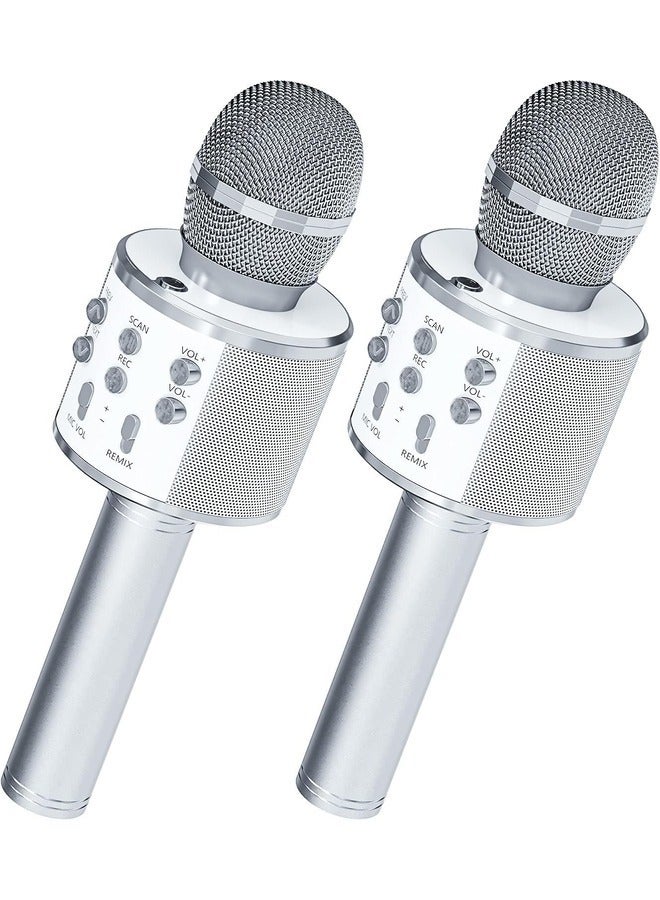 2-Pack Wireless Bluetooth Karaoke Microphones - Portable Handheld Mic Speaker for All Ages (Silver) - Image 1