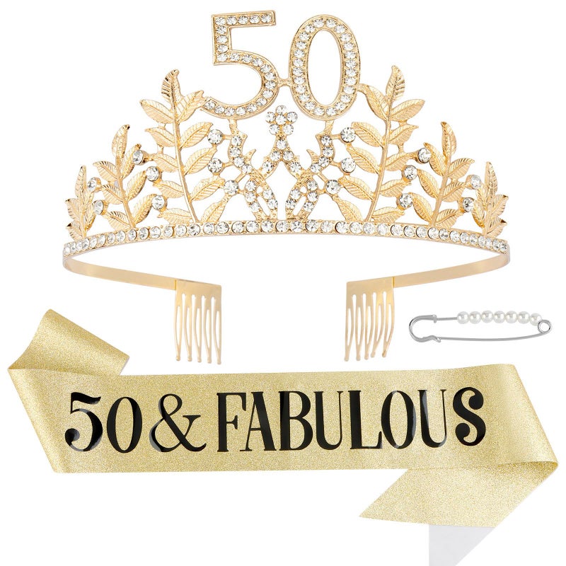 Chanaco 50th Birthday Women's Gold Crystal Crown and Glitter Sash Gift Set, Rhinestone Tiara and Hair Accessories for Party Decoration - Image 1