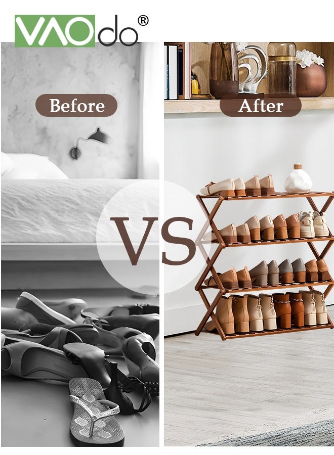 فاو دو رف أحذية 4 طبقات رف منظم أحذية من الخيزران قابل للطي متعدد الطبقات تخزين متعدد الوظائف رف أحذية قائم بذاته رف تخزين غرفة المعيشة فائق التحمل وتركيب بسيط - Image 5