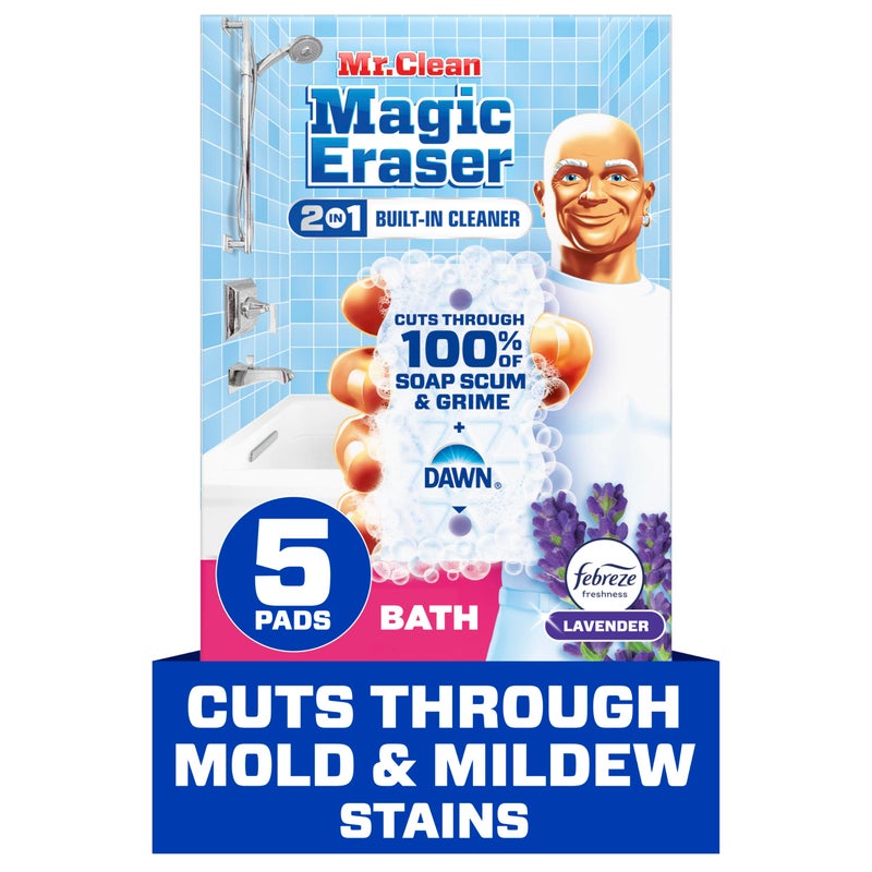 Mr Clean إسفنجة ممحاة سحرية من مستر كلين، منظف حمام، منظف دش، منظف حوض، مزيل رواسب الصابون، مستلزمات تنظيف الحمام، قوة تنظيف داون مع رائحة لافندر فبرزي، حمام فائق، 5 قطع - Image 1