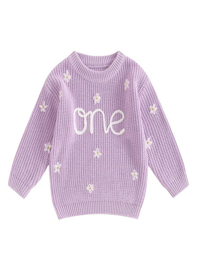 DNOMAID YZARC Infant Baby Girl 1st Birthday Outfit Floral One Embroidery Sweater Top Knit Pullover Sweatshirt Winter Clothes (Purple, 9-12 Months) - Image 1