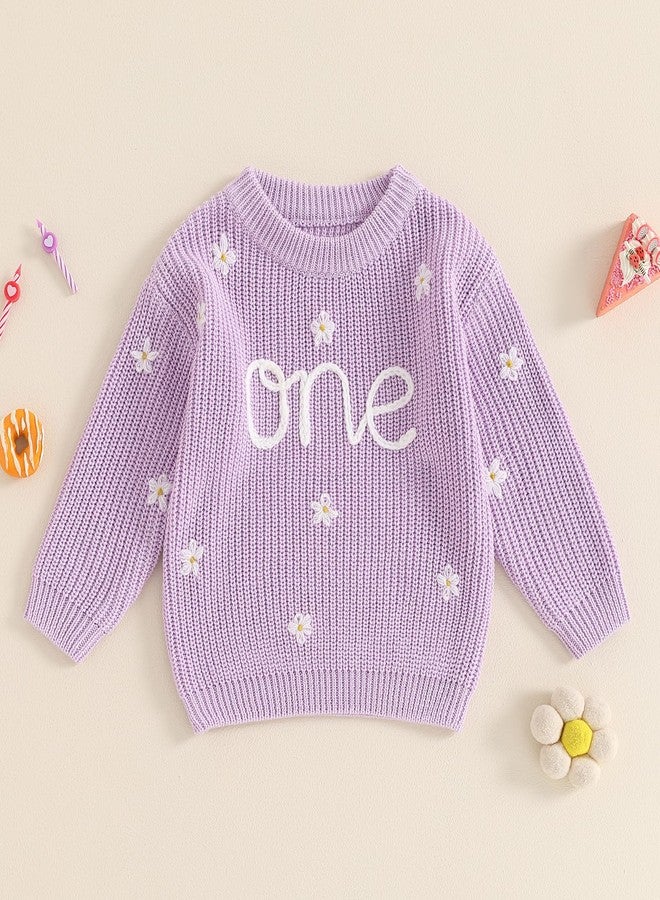 DNOMAID YZARC Infant Baby Girl 1st Birthday Outfit Floral One Embroidery Sweater Top Knit Pullover Sweatshirt Winter Clothes (Purple, 9-12 Months) - Image 2