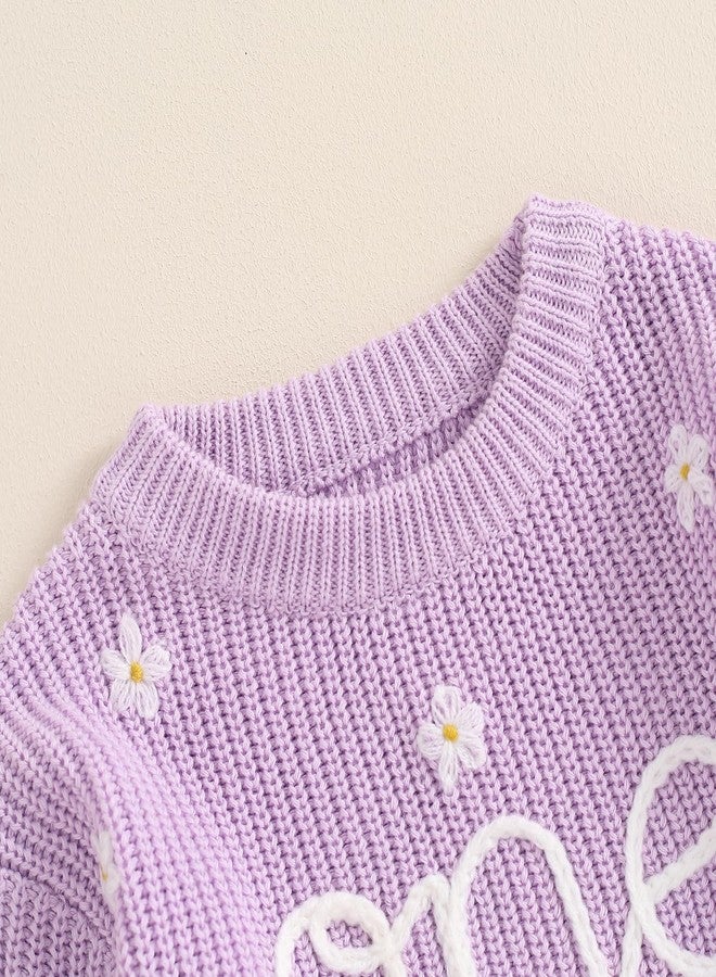 DNOMAID YZARC Infant Baby Girl 1st Birthday Outfit Floral One Embroidery Sweater Top Knit Pullover Sweatshirt Winter Clothes (Purple, 9-12 Months) - Image 4