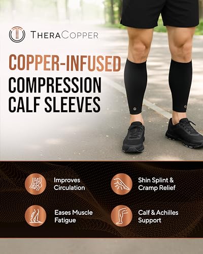 TheraCopper Copper Calf Compression Sleeve — Premium Copper Compression Shin Sleeve for Men & Women — Breathable & Non-Slip Leg Sleeves for Runners, Shin Splints, Muscle Recovery & Leg Fatigue (Large) - Image 2