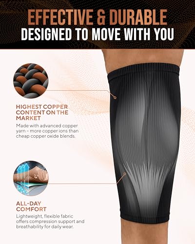 TheraCopper Copper Calf Compression Sleeve — Premium Copper Compression Shin Sleeve for Men & Women — Breathable & Non-Slip Leg Sleeves for Runners, Shin Splints, Muscle Recovery & Leg Fatigue (Large) - Image 3