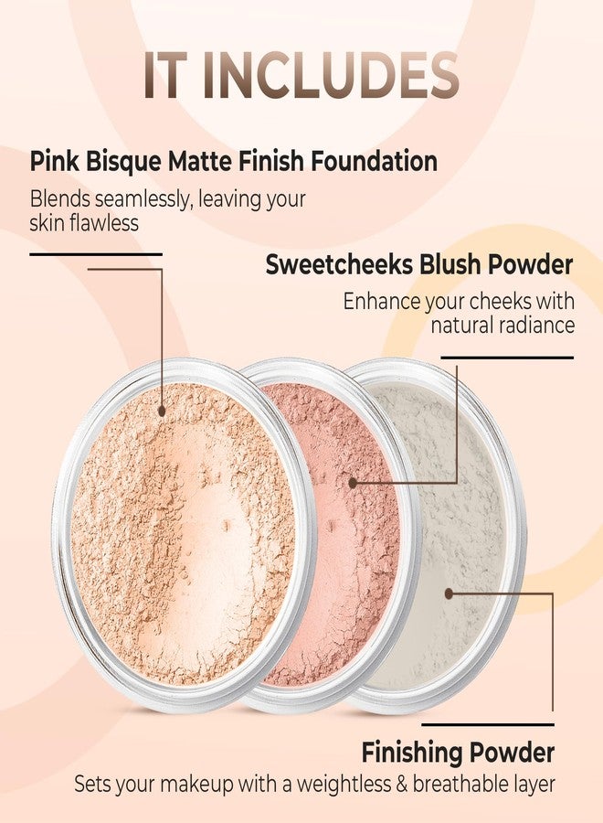 Sweet Face Minerals 3pc FULL SIZE KIT (PINK BISQUE) Mineral Makeup Foundation Set Sheer Powder Bare Face Matte Cover - Image 2