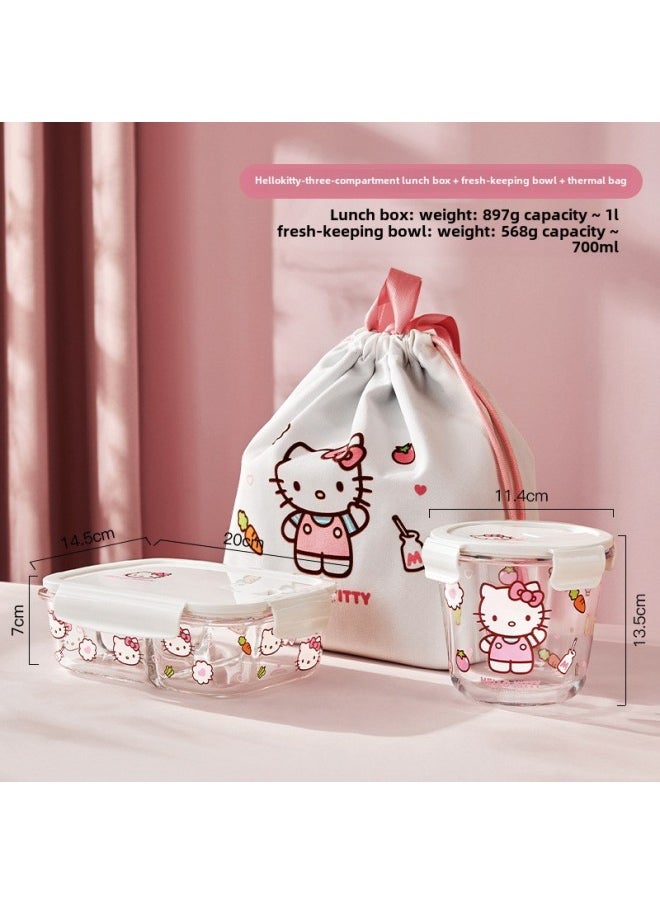 Generic - Hellokitty Glass Lunch Box With Lid Lunch Box Fresh Bowl Portable Fruit Salad Box Partition Bowl Soup Bowl-Specifications:Three-point Lunch Box + Round Soup Bowl + Insulated Rice Bag Hello-Color:Standard - Image 1
