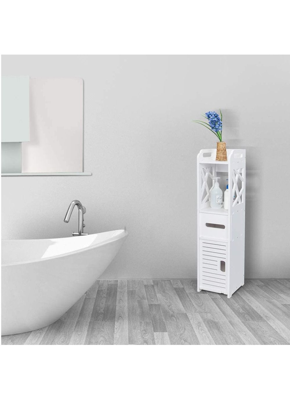FFD Small Bathroom Rack Toilet Paper Towel Holder Corner Shelf with Door and Shelves Bath Sink Organizer Slim Nightstand Thin Toilet Vanity Cabinet For Bathroom Kitchen Hallway