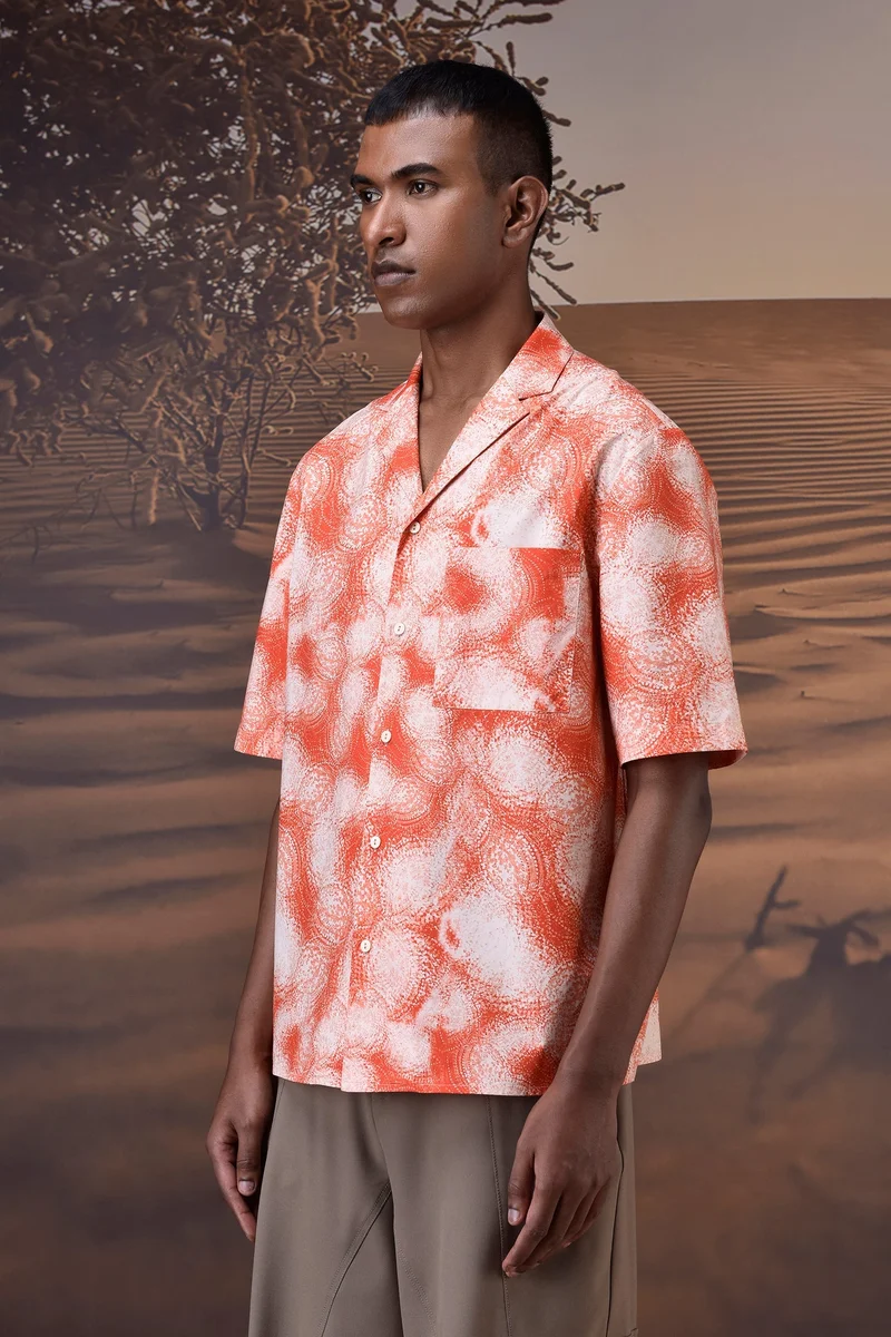 Genes Lecoanet Hemant Coquelicot Print Giza Cotton Poplin Camp Collar Shirt