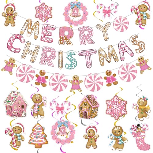 Epakh 51 Pcs Pink Christmas Gingerbread Man Decorations Christmas Gingerbread Banners with Candy House Hanging Swirls Pink Ceiling Streamers for Xmas Holiday Party Supplies - Image 1