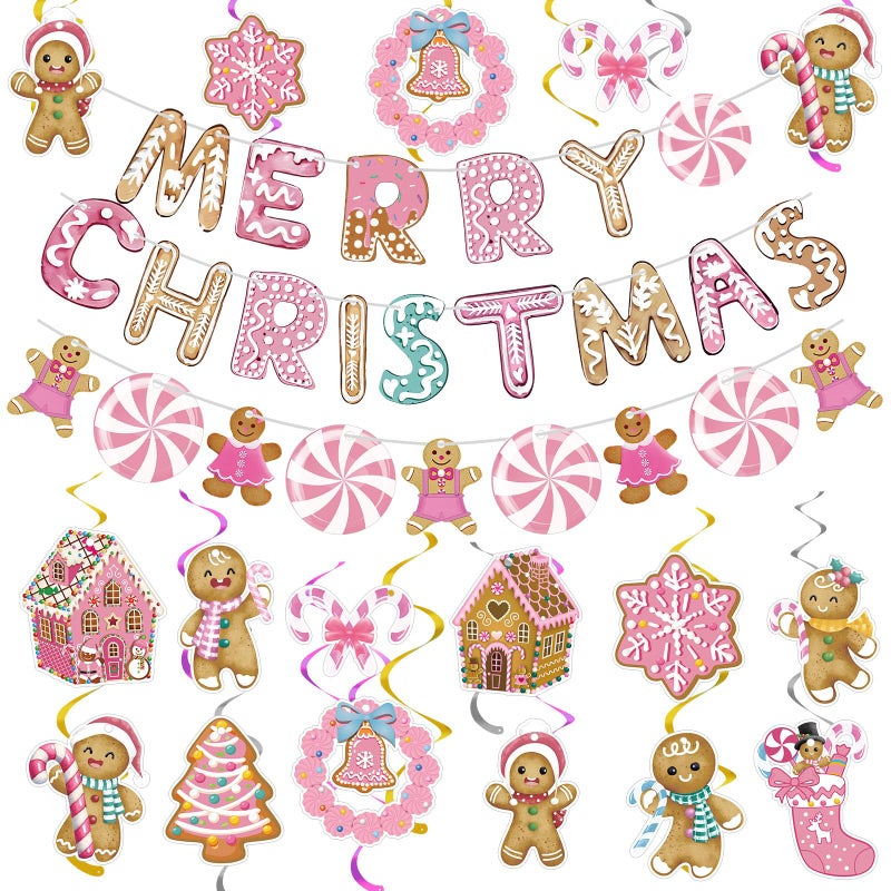 Epakh 51 Pcs Pink Christmas Gingerbread Man Decorations Christmas Gingerbread Banners with Candy House Hanging Swirls Pink Ceiling Streamers for Xmas Holiday Party Supplies - Image 3