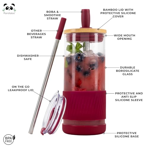 Pandaloo® Glass Cups With Lids and Straws -20 Fl Oz- Perfect Size Iced Coffee Cup - Smoothie Cup With Bamboo Lid and On the go Lid - Glass Tumbler With Straw (1 Count (Pack of 1), Boysenberry) - Image 2
