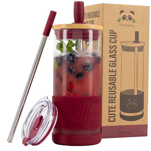 Pandaloo® Glass Cups With Lids and Straws -20 Fl Oz- Perfect Size Iced Coffee Cup - Smoothie Cup With Bamboo Lid and On the go Lid - Glass Tumbler With Straw (1 Count (Pack of 1), Boysenberry) - Image 1