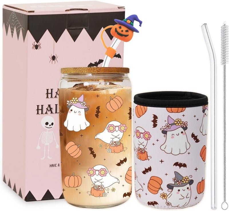 Haevola Halloween Sleeve with Cup, Insulated Neoprene Iced Coffee Cup Sleeve, Durable Drink Sleeve for Cold Beverages, Beverage Holder for Iced Coffee, Gift Coffee Tumbler with Lid and Straw - Image 1