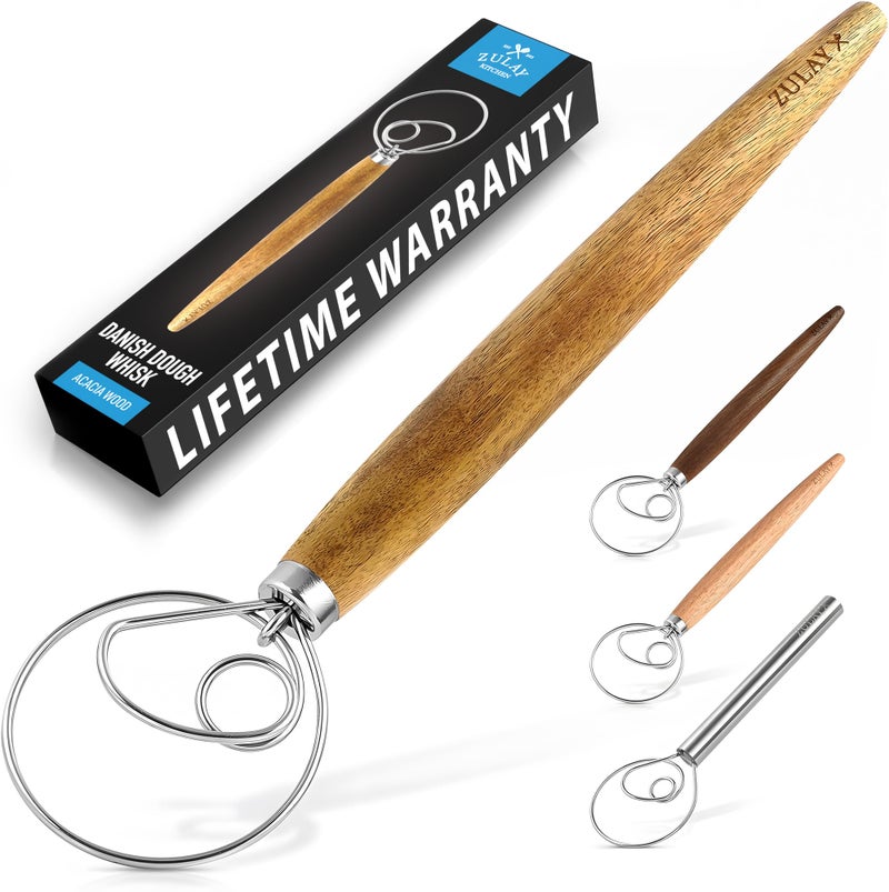 Zulay Kitchen 13 Inch Danish Dough Whisk - Large Wooden Danish Whisk For Dough With Stainless Steel Ring - Traditional Dutch Whisk Baking Tool For Bread, Batter, Cake, Pastry (Acacia Wood) - Image 1