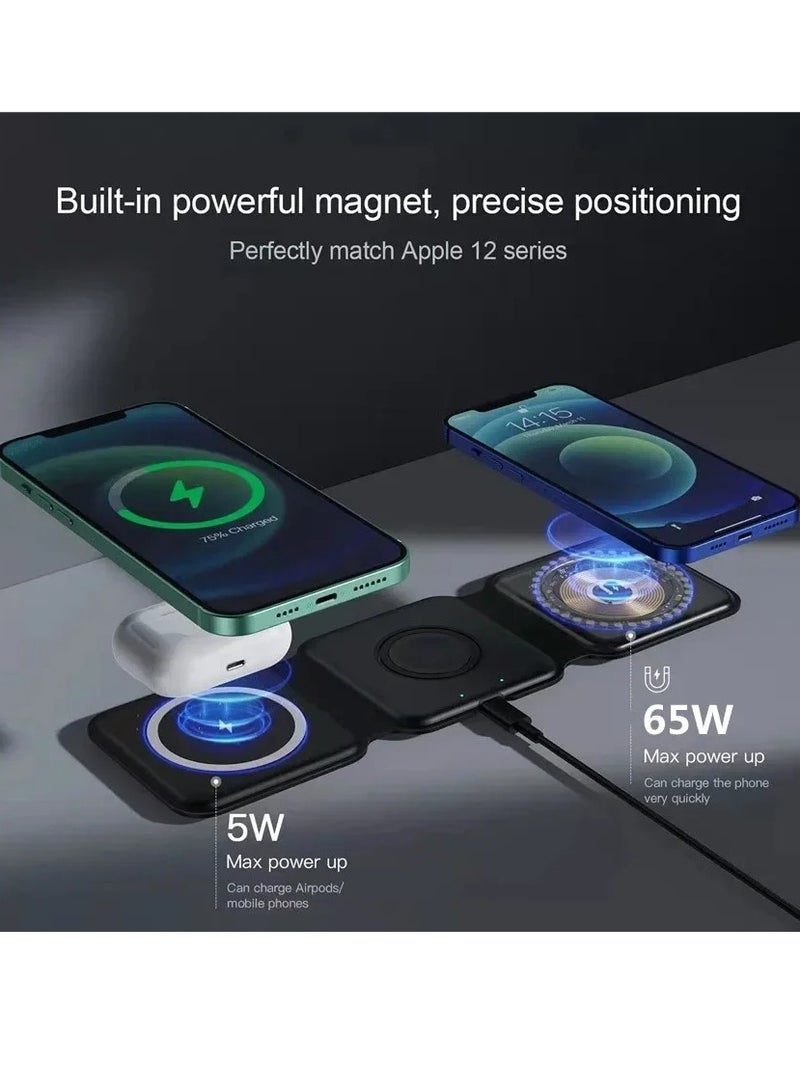 AROAQ 3 In 1 Magnetic Wireless Charger, Foldable Magnetic Charging Station, Fast And Stable Wireless Charging Pad, Portable Fast Charging Dock Station For Watch Earphones Mobile, (Black) - Image 2