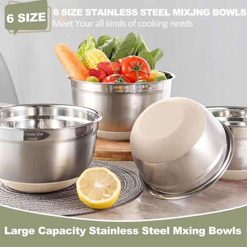 Umite Chef Mixing Bowls with Airtight Lids，6 piece Stainless Steel Metal Nesting Storage Bowls by, Non-Slip Bottoms Size 7, 3.5, 2.5, 2.0,1.5, 1QT, Great for Mixing & Serving (Khaki） - Image 4