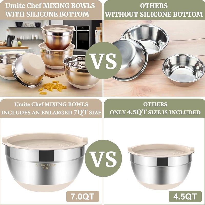 Umite Chef Mixing Bowls with Airtight Lids，6 piece Stainless Steel Metal Nesting Storage Bowls by, Non-Slip Bottoms Size 7, 3.5, 2.5, 2.0,1.5, 1QT, Great for Mixing & Serving (Khaki） - Image 2