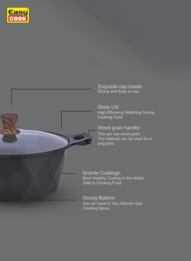 Easy Cook Die Cast Aluminium Marble Coated Casserole with Glass Lid and Wooden Knob | 5 Layer Non-stick Coating | Metal Handle, Diamond Cut | Black - Image 2