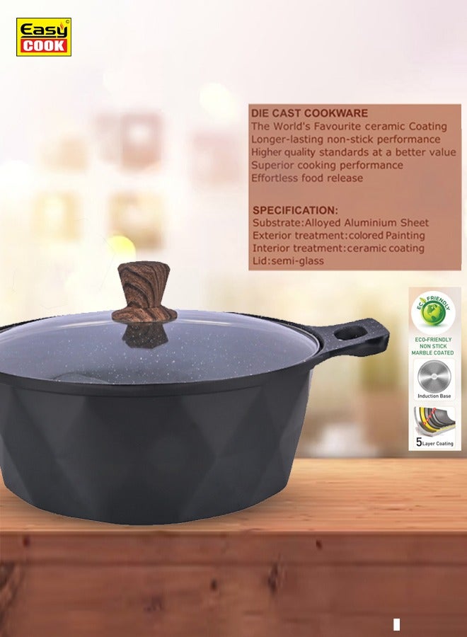 Easy Cook Die Cast Aluminium Marble Coated Casserole with Glass Lid and Wooden Knob | 5 Layer Non-stick Coating | Metal Handle, Diamond Cut | Black - Image 3