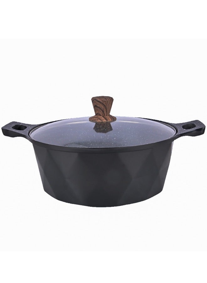 Easy Cook Die Cast Aluminium Marble Coated Casserole with Glass Lid and Wooden Knob | 5 Layer Non-stick Coating | Metal Handle, Diamond Cut | Black - Image 1
