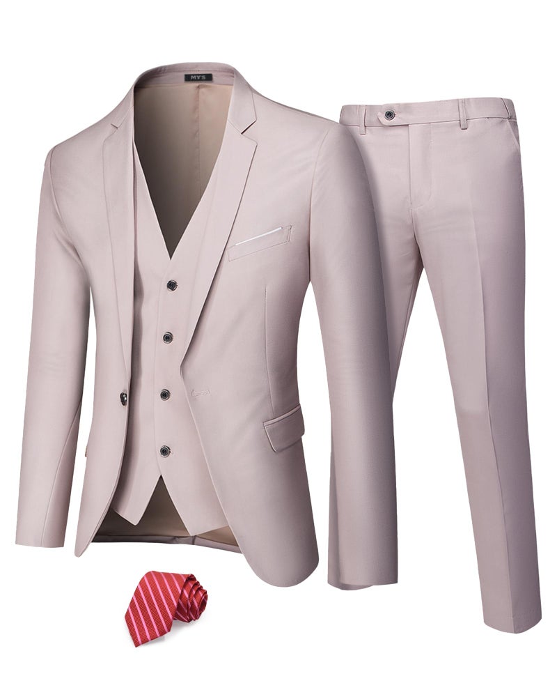 MYS Mens 3 Piece Suit Set with Tie One Button Slim Fit Jacket Vest Pants Party Wedding Prom Blazer Waistcoat Trousers Beige Medium