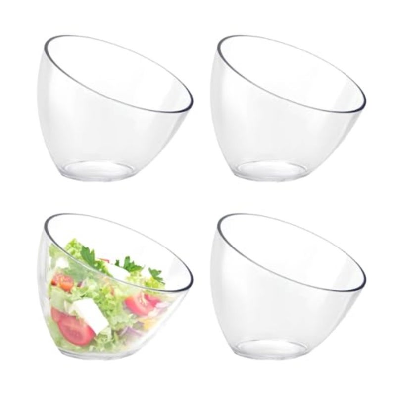 4 Pack Angled Plastic Serving Bowls, 20oz Clear Slant Salad Bowls for Chips, Salads, Party Snacks, Tableware for Weddings, Catering and Birthday Parties - Image 1