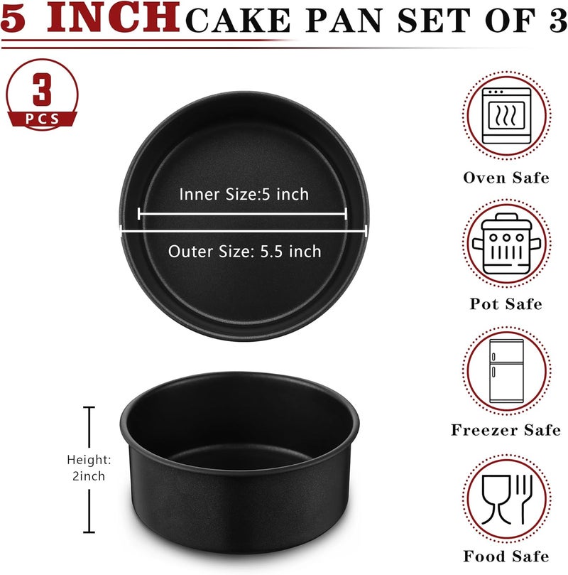 E-far 5 Inch Cake Pan Set of 3, Nonstick Stainless Steel Small Baking Pans Tins, Round Bakeware for Layer Cakes, Stainless Steel Core & Non-Toxic Coating, Straight Side & 2 Inch Deep - Image 2