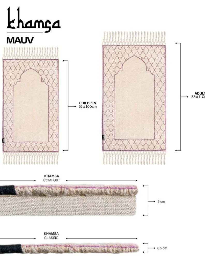 KHAMSA Comfort | Muslim Prayer Rug Prayer Mat with Added Foam Children Size 55 cm x 100 cm Arabic Style Janamaz in 100% Soft Organic Cotton Fabric Handcrafted Arabic Design | Mauv - Lavender