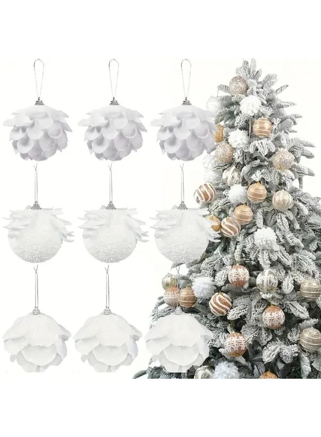 White Glitter Christmas Tree Ornaments 3pcs Golden Accents Floral Foam Hanging Decorations - Image 1