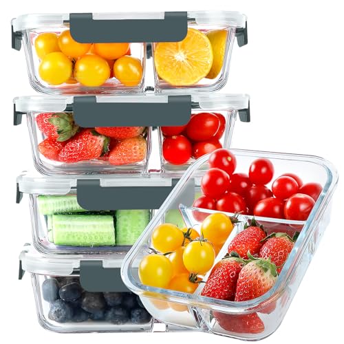 KOMUEE Glass Meal Prep Containers 3 Compartments, 5 Pack 36 oz, Glass Food Storage Containers with Lids, Airtight Lunch Bento Box, Portion Control, Freezer and Microwave Safe - Image 1