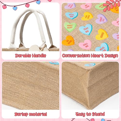 CJiangpo 6 Pack Valentine's Day Burlap Gift Bags, Large Conversation Heart Tote with Handle, Reusable Colorful Candy Linen Jute Bag Goodie Snack Basket and Wood Heart Shape Cutout for Party Favors - Image 3