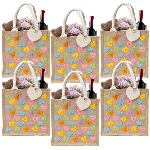 CJiangpo 6 Pack Valentine's Day Burlap Gift Bags, Large Conversation Heart Tote with Handle, Reusable Colorful Candy Linen Jute Bag Goodie Snack Basket and Wood Heart Shape Cutout for Party Favors - Image 1