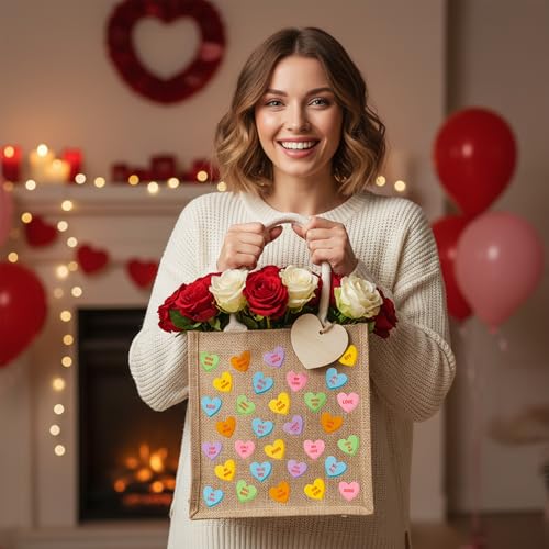 CJiangpo 6 Pack Valentine's Day Burlap Gift Bags, Large Conversation Heart Tote with Handle, Reusable Colorful Candy Linen Jute Bag Goodie Snack Basket and Wood Heart Shape Cutout for Party Favors - Image 5