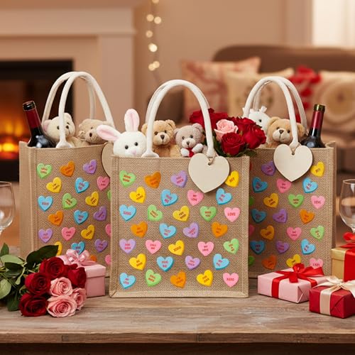 CJiangpo 6 Pack Valentine's Day Burlap Gift Bags, Large Conversation Heart Tote with Handle, Reusable Colorful Candy Linen Jute Bag Goodie Snack Basket and Wood Heart Shape Cutout for Party Favors - Image 4