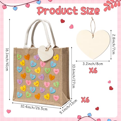CJiangpo 6 Pack Valentine's Day Burlap Gift Bags, Large Conversation Heart Tote with Handle, Reusable Colorful Candy Linen Jute Bag Goodie Snack Basket and Wood Heart Shape Cutout for Party Favors - Image 2